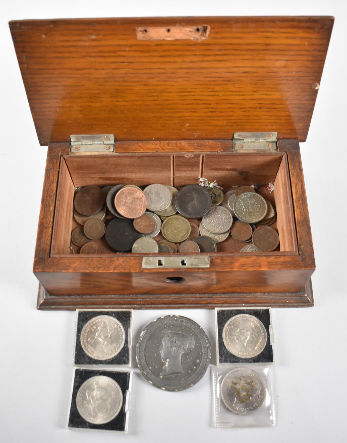 An Edwardian Oak Box Containing British and Foreign Coins and Crowns, Victoria Coronation