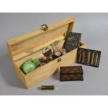 A Vintage Wooden Box Containing Cottons, Needle Case and Other Sewing Accessories