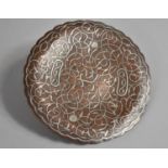 A Nice Quality Copper and Inlaid Silver Cairo Ware Shallow Dish on Three Feet with Islamic