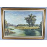 A Large oil gilt framed oil on canvas depicting figures on boat in river, signed P Wilson, 90 x 60