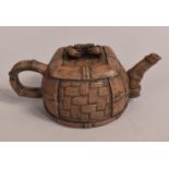 A Chinese Yixing Teapot of Basket Form having Crab Finial, 7.5cm high