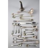 A Collection of Silver Plated Condiment Spoons, Funnel, Sugar Bows Etc