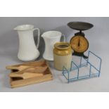 A Collection of Various Kitchenalia to include Vintage Salter Scales, Wire Rack, Two Section Box,