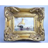 A Reproduction Gilt Framed Print of Barges Unloading at Beach, 17x11cms