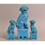 Three Chinese Blue Glazed Studies of Temple Lions on Plinths, Single Large Example and Two
