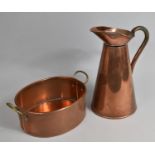 A Vintage Copper Ewer, Together with an Oval Copper Cooking Pan with Two Brass Handles