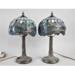 A Pair of Reproduction Dragonfly Tiffany Style Table Lamps, One Shade Detached, 35cms High