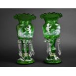 A Pair of Mary Gregory Style Green Glass Lustres, Droppers Incomplete, 27cms High