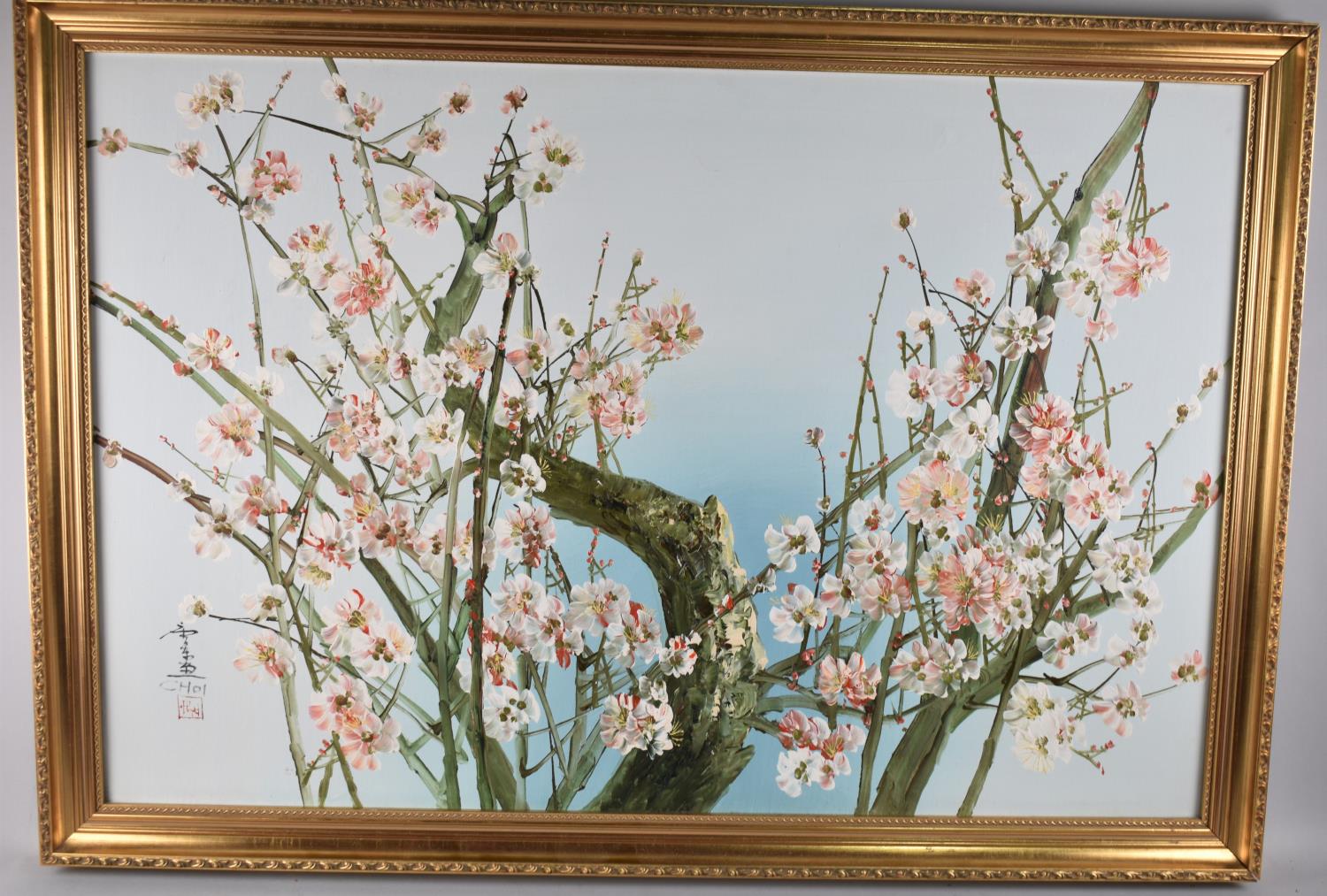 A Large gilt framed oriental oil on canvas signed Choi, Blossom, 90 x50.