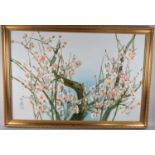A Large gilt framed oriental oil on canvas signed Choi, Blossom, 90 x50.