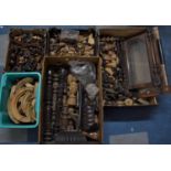 Five Boxes of Wooden Clock Parts, Turnings, Doors Etc