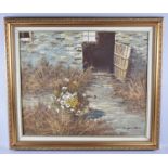A Gilt Framed Oil on Canvas Depicting Flower Pot in Front of Stable, Signed C Hadwick, 60x50cms