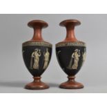 A Pair of Decorated Terracotta Vases with Grecian Figures, Greek Key Borders, Probably Prattware,