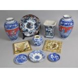A Collection of ceramics to include decorated tiles, blue and white vases and pin dishes, pair