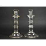 A Pair of Good Quality Hand Blown Glass Candlesticks with Knopped Stems on Domed Foot, 20cm high