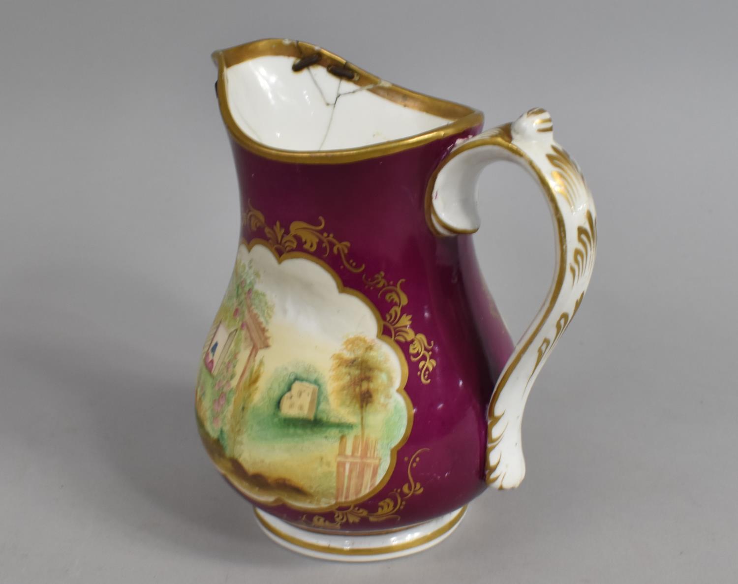 A 19th Century Porcelain Jug with Hand Painted Cartouches on Puce Ground, Inscribed in Gilt James - Image 4 of 5
