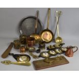 A Collection of Various Metalwares to comprise Brass and Wooden Cribbage Board, Pewter Plate, Jug