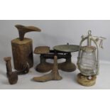 A Collection of Shoe Lasts and Wooden Stands together with a pair of Vintage Scales and a Lantern