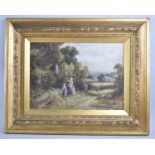 A Gilt Framed English School Oil on Canvas Depicting Children Picking Flowers in Rural Landscape,