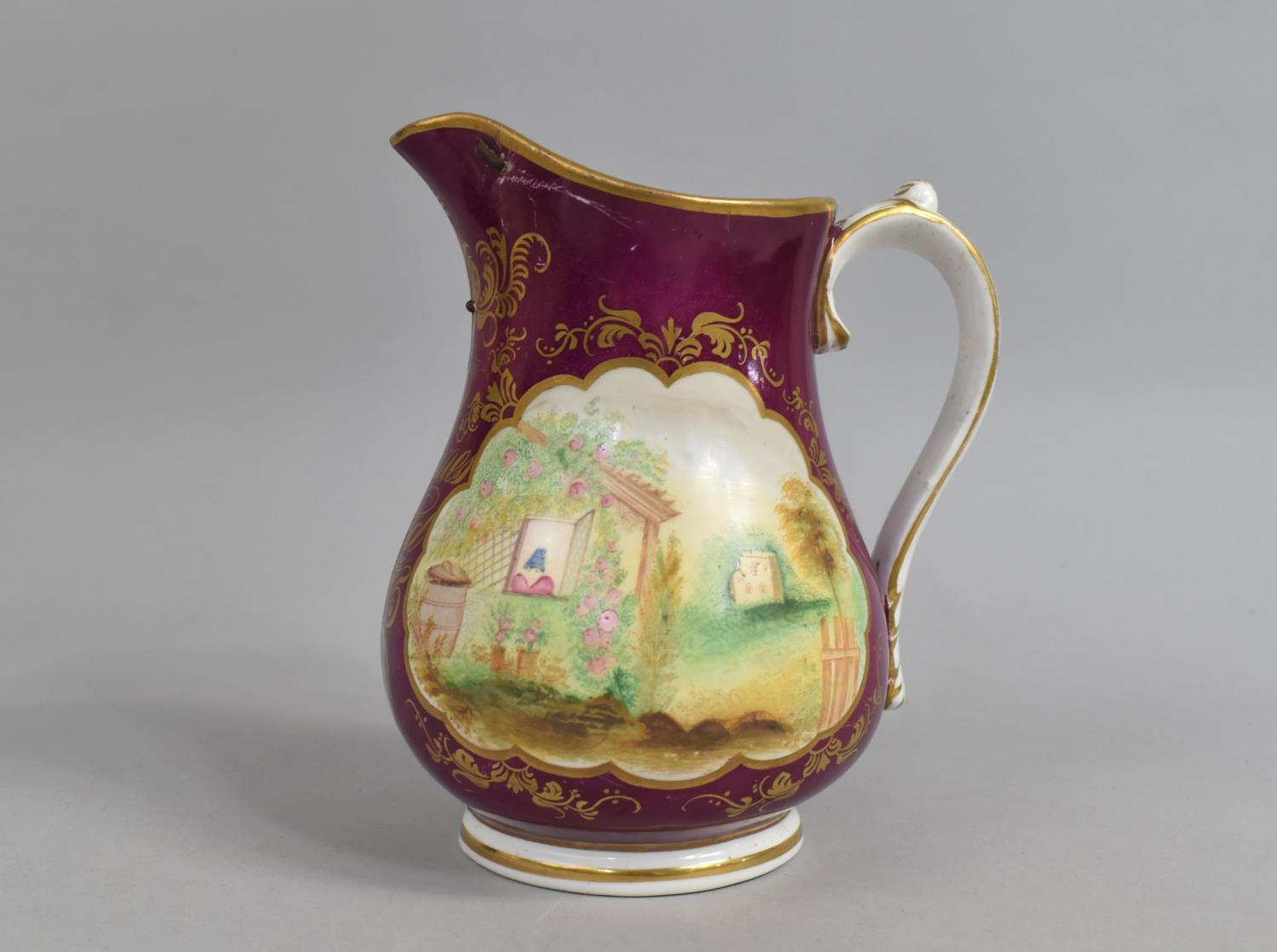 A 19th Century Porcelain Jug with Hand Painted Cartouches on Puce Ground, Inscribed in Gilt James