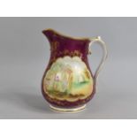 A 19th Century Porcelain Jug with Hand Painted Cartouches on Puce Ground, Inscribed in Gilt James