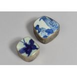 Two White Metal Boxes, the Lids with Mounted Early Chinese Blue and White Porcelain Pieces, Bird and