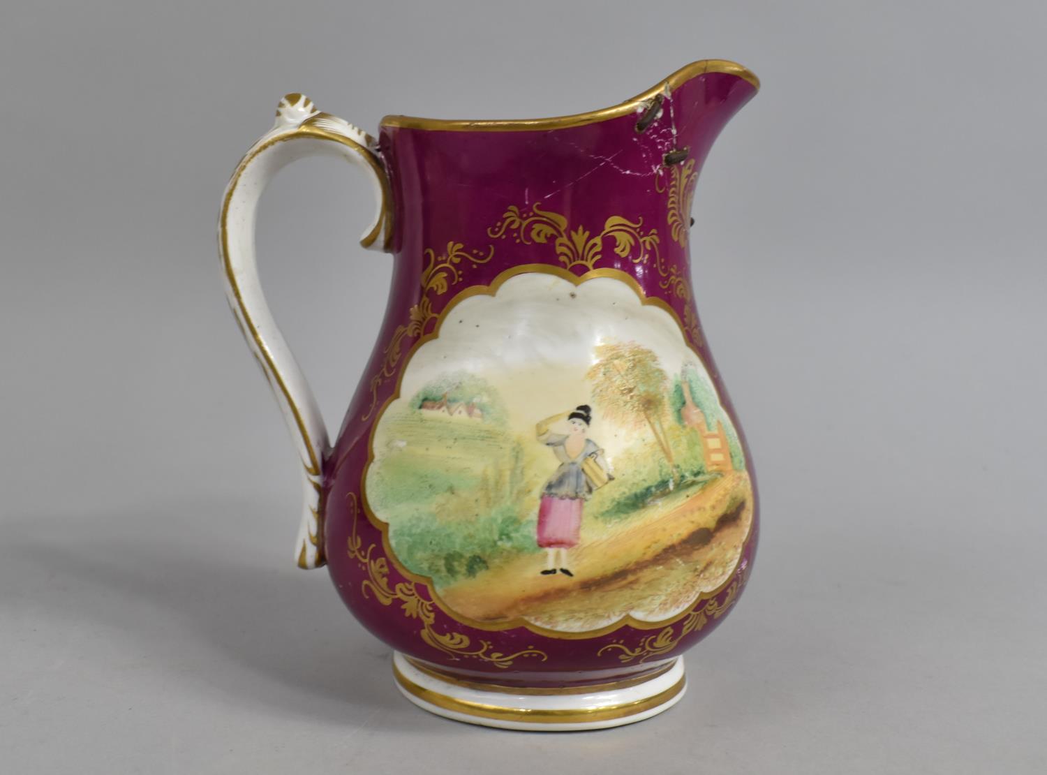 A 19th Century Porcelain Jug with Hand Painted Cartouches on Puce Ground, Inscribed in Gilt James - Image 2 of 5