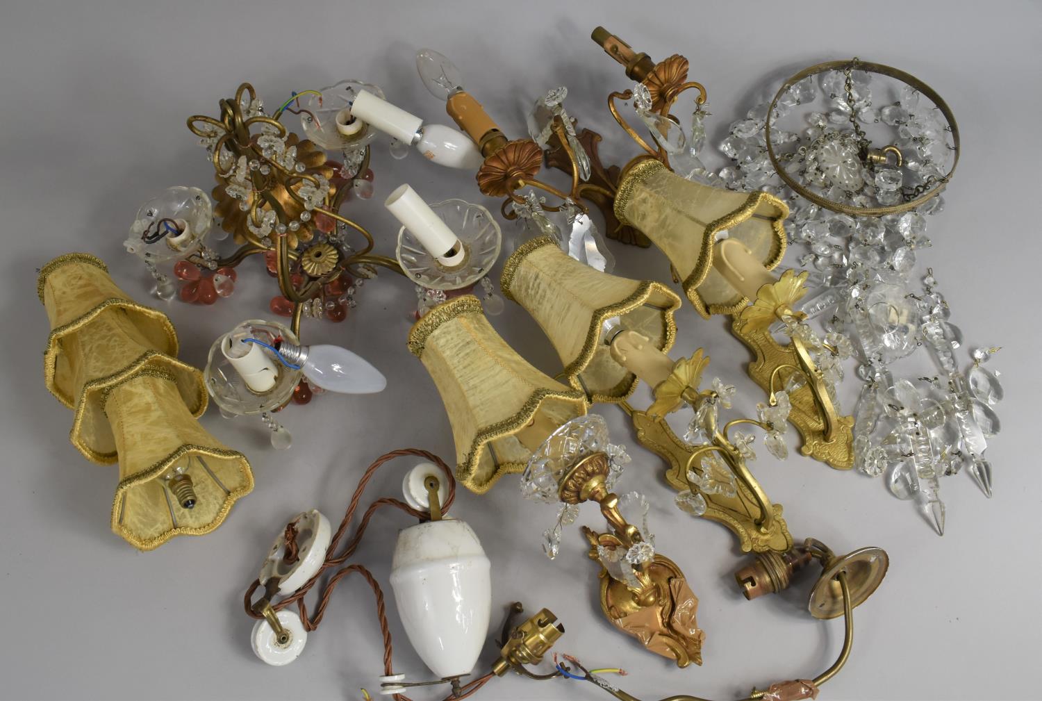 A Collection of Various Light Fittings and Glass Chandeliers Etc (Condition issue)