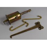 A Brass Clockwork Meat Jack by Salters Together with Hinged Brass Crane and Two Meat Hooks