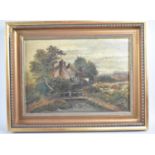 A Gilt Framed Oil on Canvas Depicting Figure on Bridge Beside Cottage, Signed I Hooper, 34x24cm