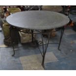A Circular Topped Garden Patio Coffee Table Supported on Wrought Iron Base, Scrolled Form 99cms
