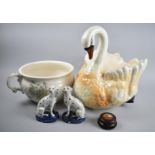 A Large Ceramic Swan, Pair of 19th Century Staffordshire Spotted Dogs and a Toilet Bowl Together