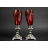 A Pair of Silver Plated Oneida Candlesticks with Engraved Ruby Glass Shades, 28.5cms High