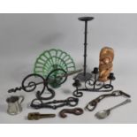 A Collection of Various Metalwares to comprise Green Painted recipe Book Stand of Shelved Pierced