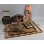 A Collection of Various Sundries to comprise Two Wooden Rectangular Trays, Lamp Base, Cast Iron