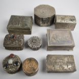 A Collection of Various Metal Boxes, all with Engraved or Relief Decoration and Three Jewelled