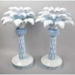 A Pair of Blue and White Decorative Palm Tree Candlesticks by The Vintage Garden Room, 36.5cms High