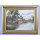 A Framed Oil on Canvas, Man on Horseback in River, Signed W Horton, 35x25cm, Small Puncture Mark