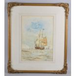 A Gilt Framed Watercolour Depicting Two Masted Tall Ship Passing the White Cliffs, Monogrammed ASL