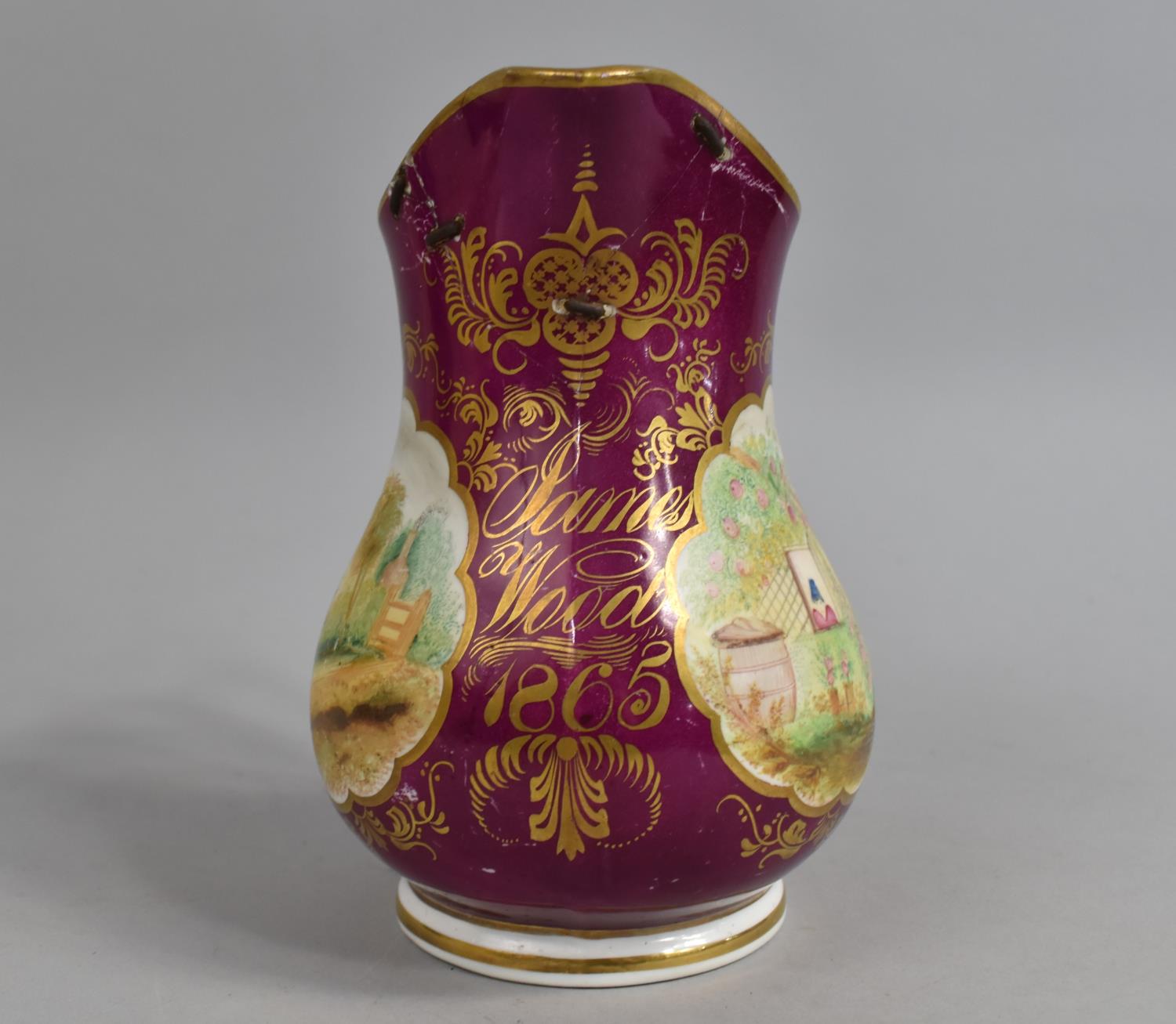A 19th Century Porcelain Jug with Hand Painted Cartouches on Puce Ground, Inscribed in Gilt James - Image 3 of 5