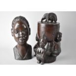 Two Carved African Souvenir Pieces, Lidded Bowl with Maiden Support and Elephant Finial Together