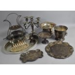 A Collection of Various Silver Plated Items to include Oval Galleried Tray, Candelabra, Tazzas Etc