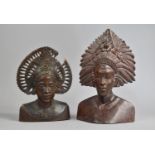 A Pair of Carved Far Eastern Male and Female Busts, Female Headdress AF, 30cm high