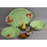A Carlton Ware Lobster Two handled Leaf Plate together with two Carlton Ware Leaf Bowls, Coalport