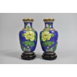 A Pair of Chinese Cloisonne Vases on Pierced Wooden Stands Decorated with Blossoming Flowers and