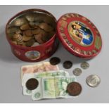 A Tin Containing Various Copper Coinage to Include Early Georgian Coins, Bank Notes etc