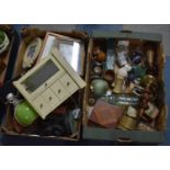 Two Boxes of Various Sundries to comprise Marble Stop Bottle, Bark Glass Sleeve Vase, Brassware Etc