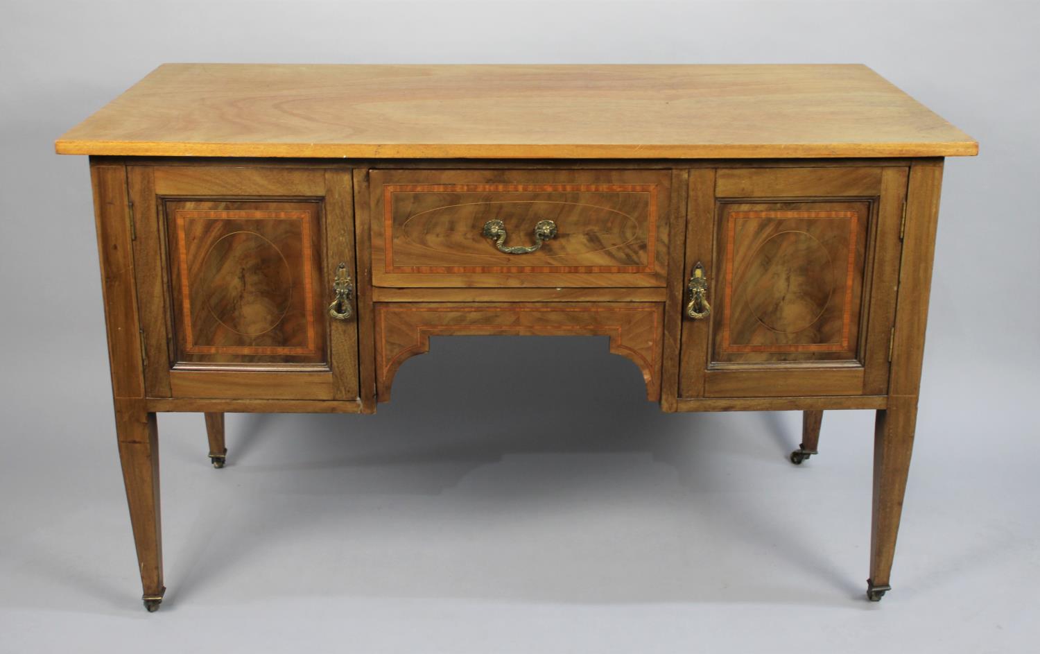 An Edwardian Inlaid walnut Dressing Table Base on Square Tapering Supports having Replacement Top,