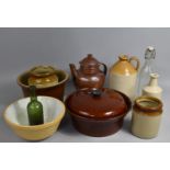 A Collection of Various Glazed Stoneware to include Various Bottles, Mixing Bowls, Glass Bottles Etc