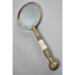 A Modern Brass and Mother of Pearl Handled Desktop Magnifying Glass, 25cm Long
